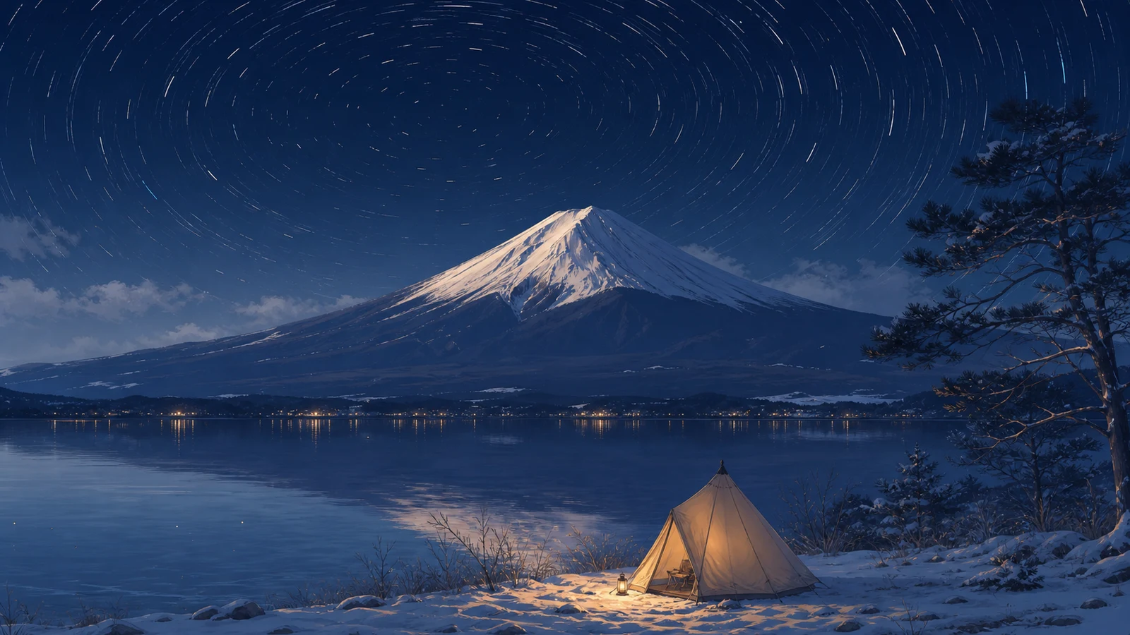 冬季本栖湖对岸的富士山、湖面与星轨